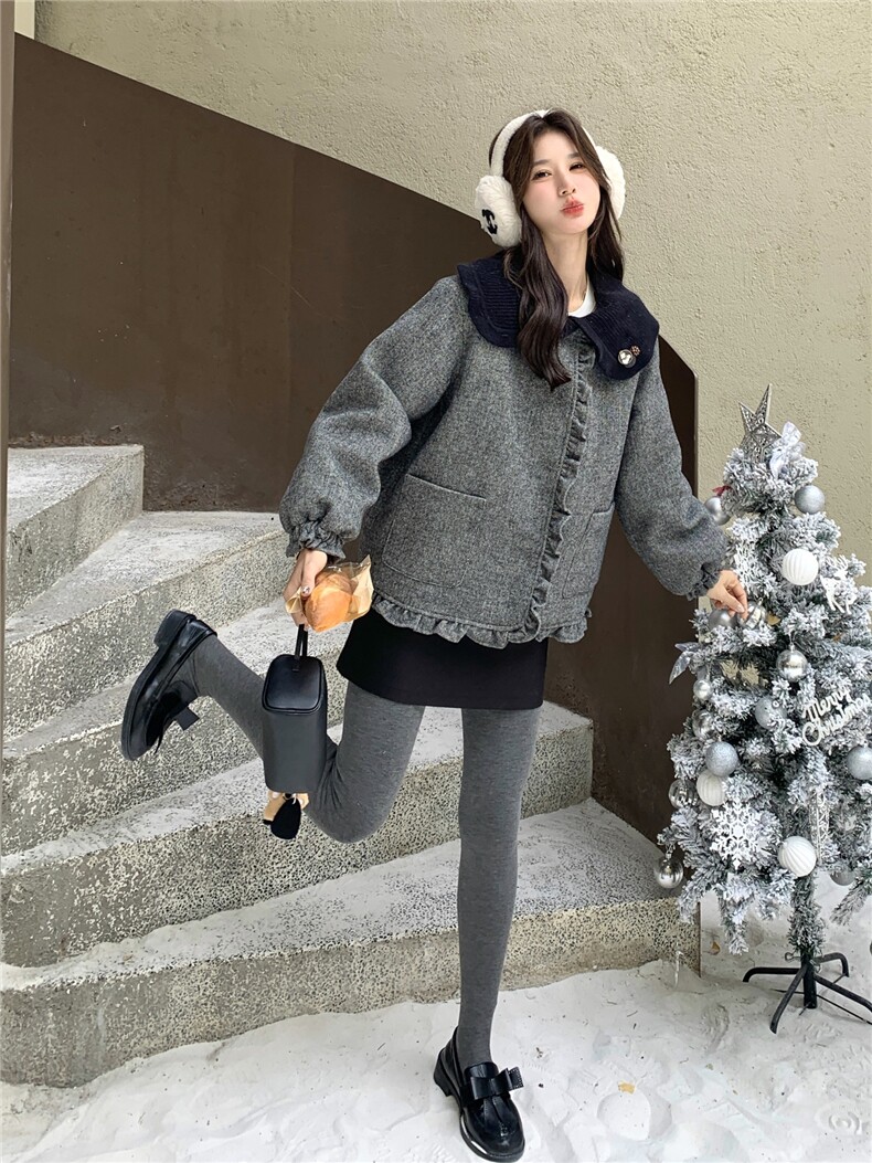 韩版学院风娃娃领毛呢白鸭绒外套女短款灰色气质减龄小个子羽绒服,女装羽绒服,艾米莉亚