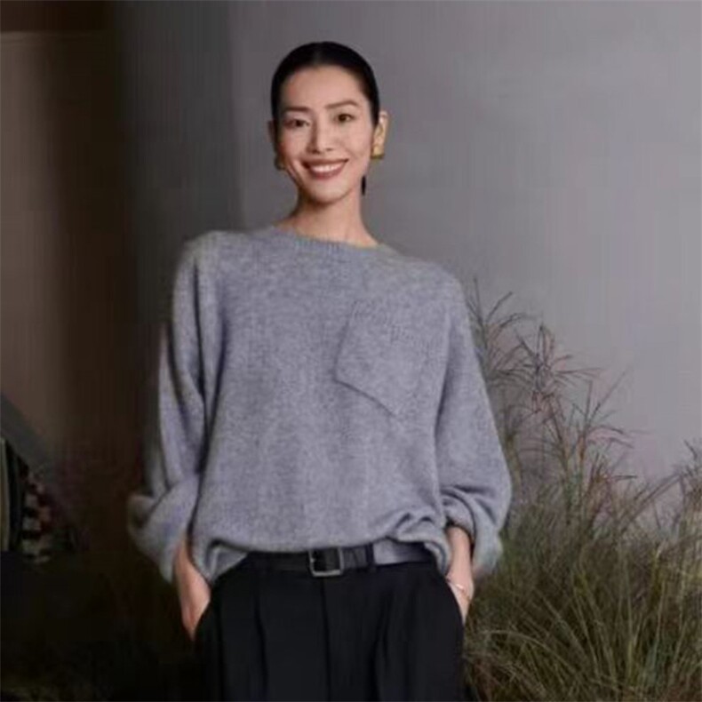 刘雯同款圆领山宽松灰色慵懒风毛衣女冬加厚设计感小众针织衫，女装针织衫/毛衣，奢优羊绒