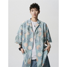 8XL-M冰丝凉感衬衣垂感透气复古花纹宽松男五分袖短袖衬衫CS526，男装衬衫，电商D206-1