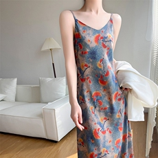 长款三醋酸缎面吊带裙女花色垂感吊带连衣裙真丝长裙V领高腰裙子，女装背心吊带，九戎