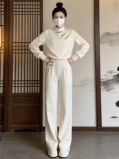 设计感小众卫衣阔腿裤两件套女春季新款盘扣卫衣显瘦阔腿裤两件套，女装套装/套裙，江南