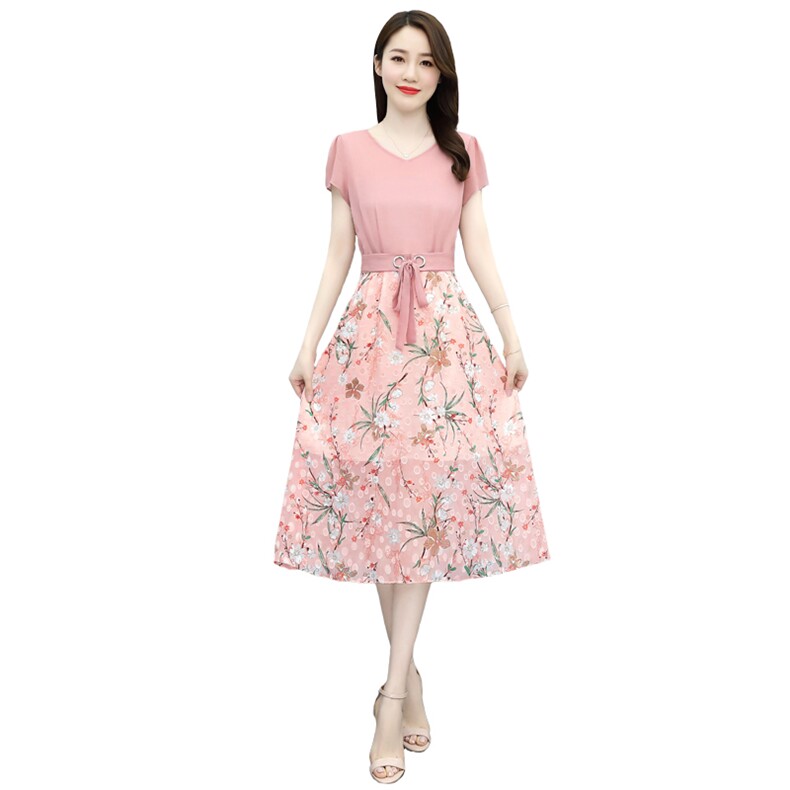 2025夏季碎花雪纺收腰假两件连衣裙女气质拼接裙子温柔长裙,女装连衣裙,牡丹诺