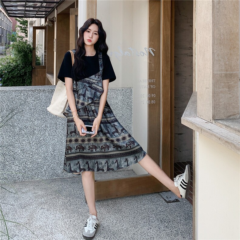 民族风印花拼接假两件连衣裙女夏2025新款流行设计感小众t恤裙,女装连衣裙,2C206