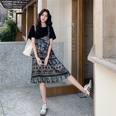 民族风印花拼接假两件连衣裙女夏2025新款流行设计感小众t恤裙，女装连衣裙，2C206