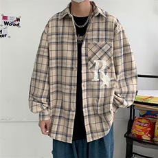 格子衬衫春秋季韩版情侣装美式复古衬衣宽松休闲外套W7001-P40，男装衬衫，星座512-2