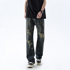 B221美式ins高街暗黑小众夏季重工艺破洞牛仔裤LK24178-P65控88，男装牛仔裤，电商B221