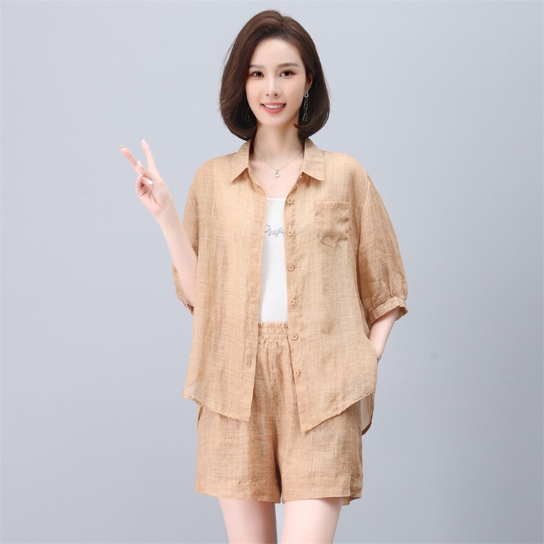 夏季妈妈棉麻苎麻短裤短袖套装女衬衫微胖时尚洋气休闲夏装两件套,女装套装/套裙,希欧阁