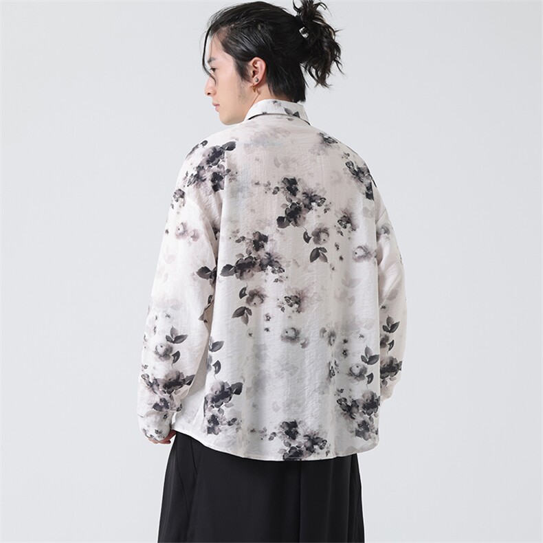 C8605P65无影墻高品质水墨印花盘扣新中式风唐装汉服衬衫,男装衬衫,电商A026