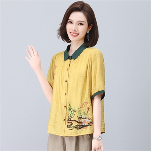 (新款)三年不下架2024年夏装天丝T恤衬衫女复古刺绣中老年妈妈装图片