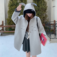 2025秋冬新款休闲连帽羊毛大衣女兔子耳朵小个子双面羊绒气质外套，女装毛呢外套，2D080