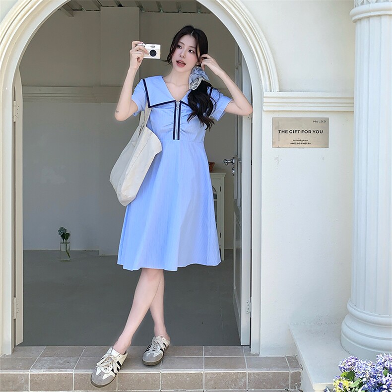 蓝色学院风海军领连衣裙女2025夏季新款法式小个子洋气减龄A字裙,女装连衣裙,2C285