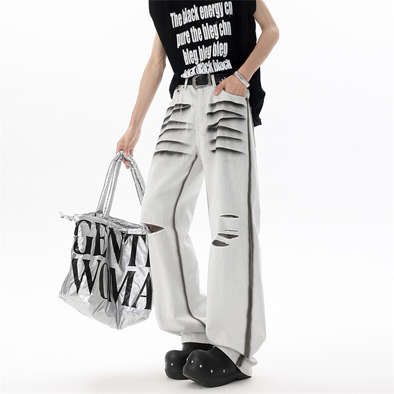 美式复做旧破洞扎染牛仔裤韩版牛仔裤男水洗宽松阔版牛仔裤P65，男装牛仔裤，电商B319