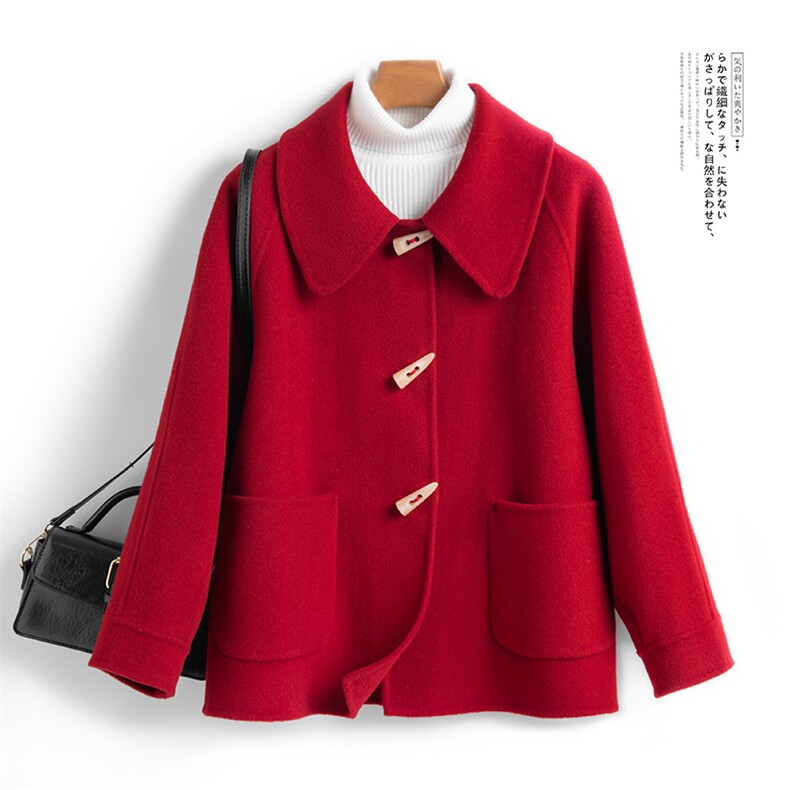 短款牛角扣绵羊毛双面呢外套宽松女士娃娃领羊毛呢外套，女装双面呢大衣，温鑫双面呢