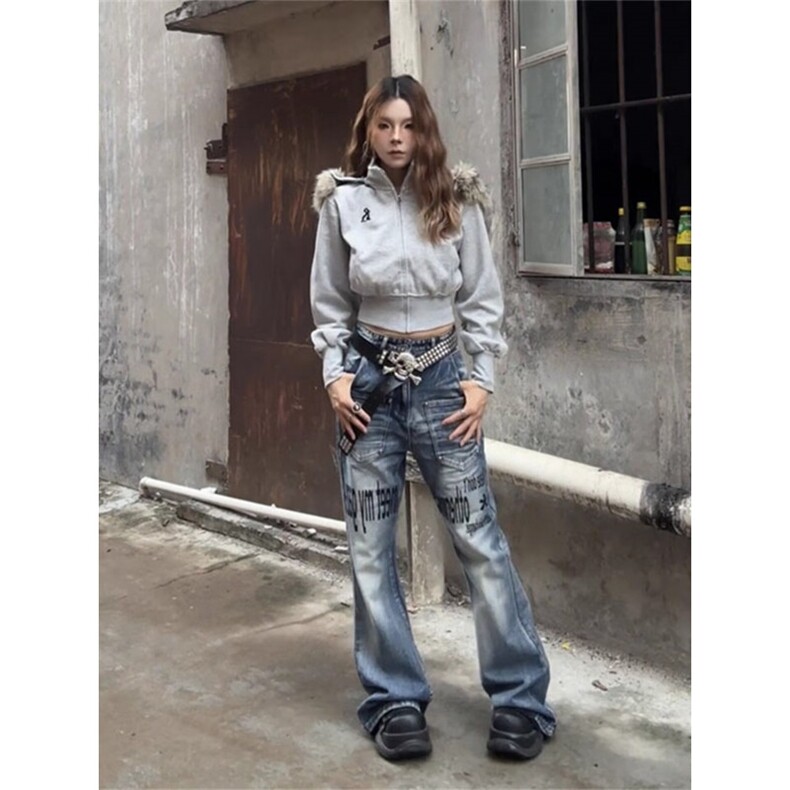 美式高街嘻哈牛仔裤女2025秋冬新款涂鸦搭扣设计感宽松显瘦阔腿裤,男装牛仔裤,星座506A