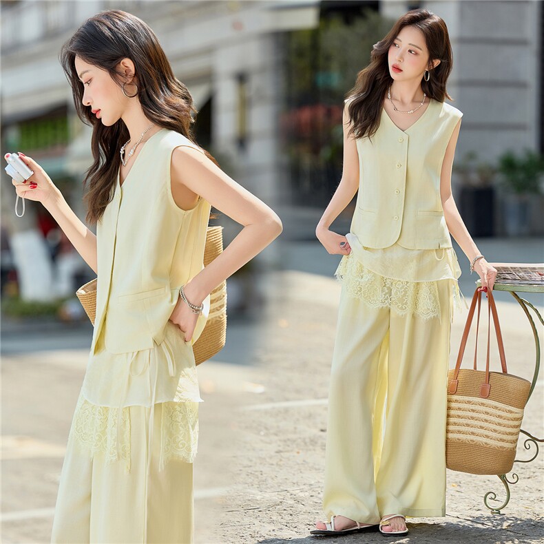 2026夏季新款无袖马甲蕾丝围帘拼接宽松阔腿裤两件套，女装套装/套裙，难舍钰依