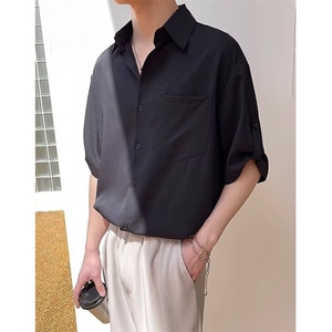 日系潮牌潮流工装白衬衫男短袖vintage巴洛克外套式七分袖衬衣夏