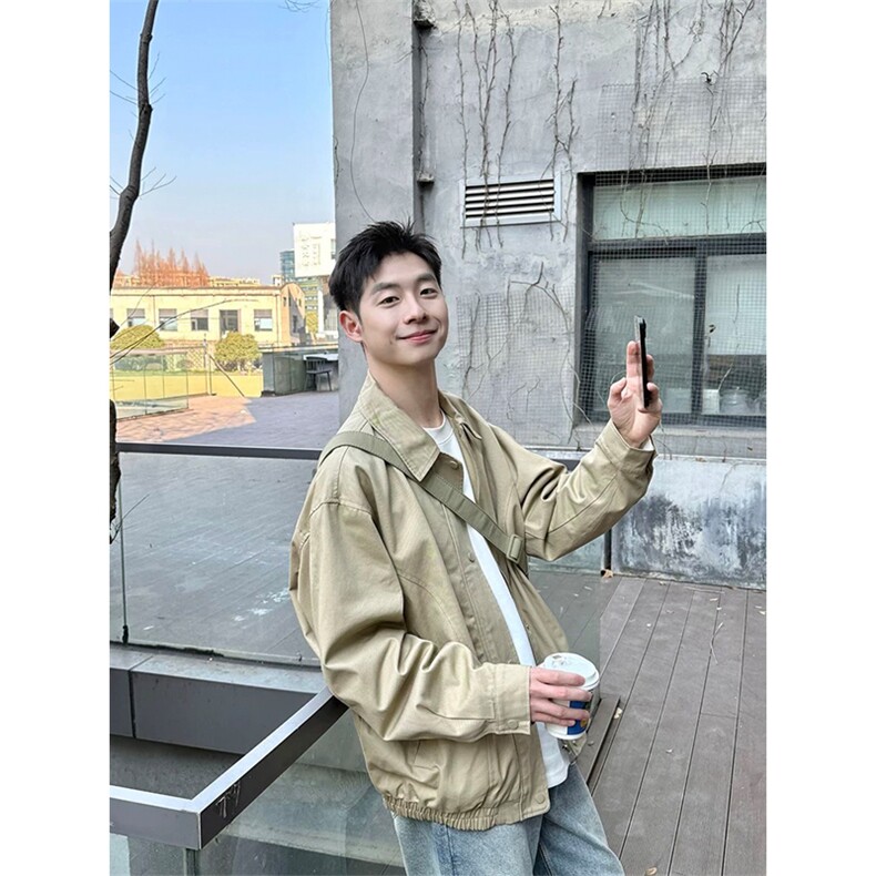 网图有货秋季纯色翻领夹克工装男宽松百搭简约上衣外套A843-P53,男装夹克,星座1505