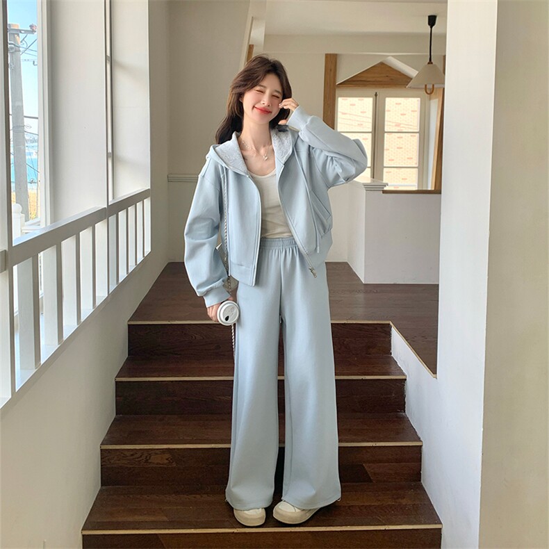 【现货】蓝色时尚休闲蕾丝连帽卫衣裤子套装女606-P180-K288,女装套装/套裙,2C126