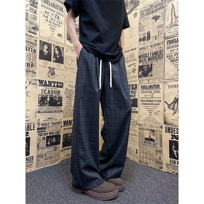 格子裤子男春秋宽松阔腿裤美式直筒运动裤hiphop休闲裤K6632-P37，女装休闲裤，星座412-3