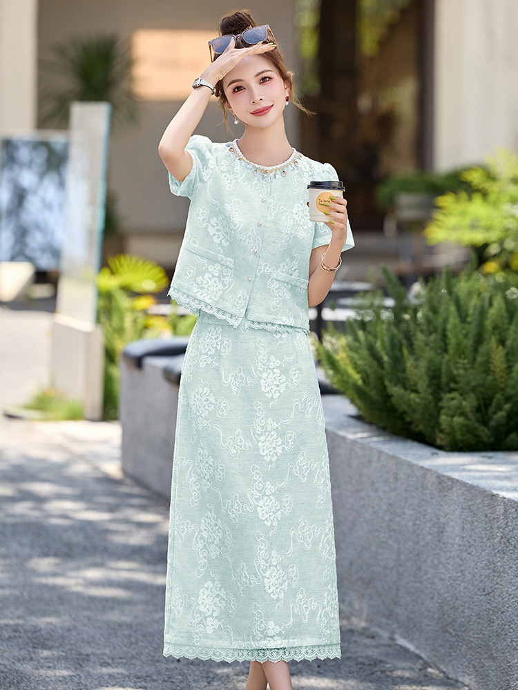 小香风套装裙2025夏季新款韩系独特绝美新中式盐系轻熟蕾丝两件套,女装套装/套裙,悠米