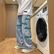 街头植绒刺绣牛仔裤男士潮牌宽松直筒美式水洗WH13P52，男装牛仔裤，星座1116-2