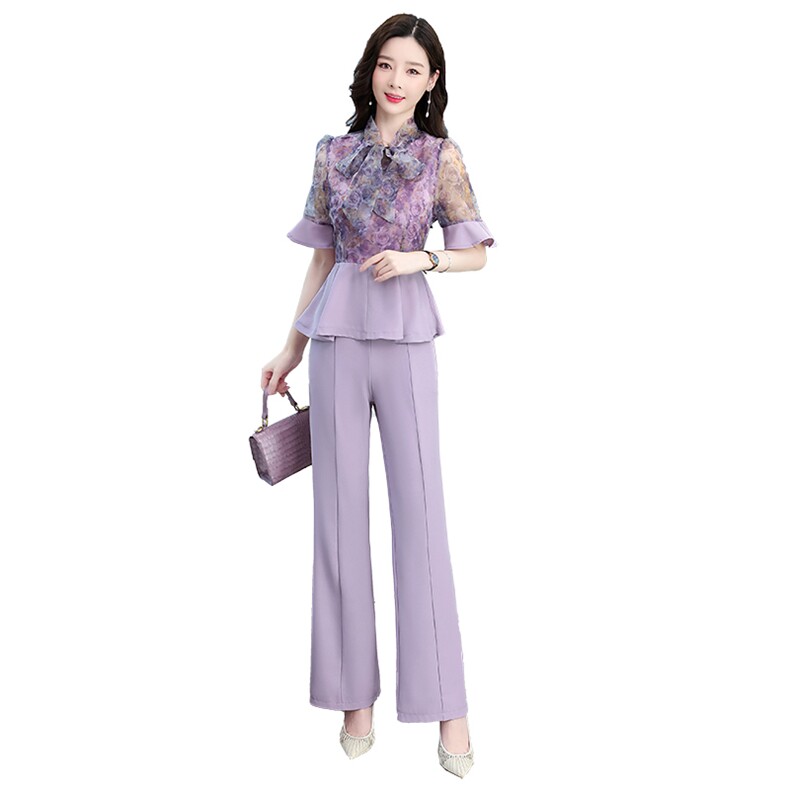 名媛气质雪纺衫喇叭裤套装女2022夏季新款女装时尚减龄职业两件套,女装套装/套裙,妙形