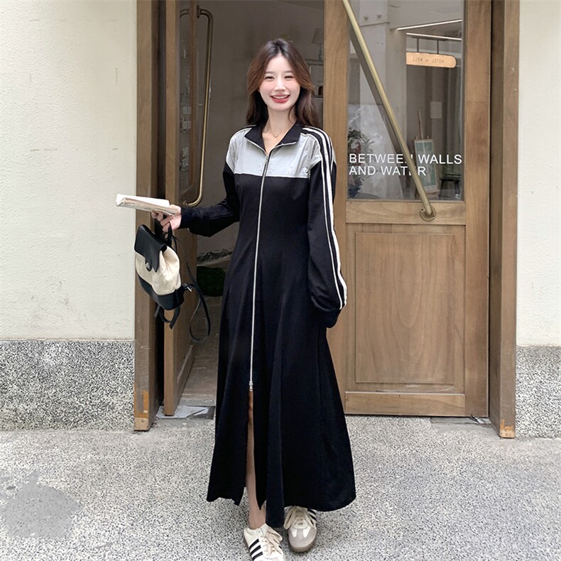 韩系休闲运动卫衣连衣裙女2025春秋季新款长款脚踝显瘦拉链长裙子,女装连衣裙,2C098