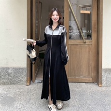 韩系休闲运动卫衣连衣裙女2025春秋季新款长款脚踝显瘦拉链长裙子，女装连衣裙，2C098