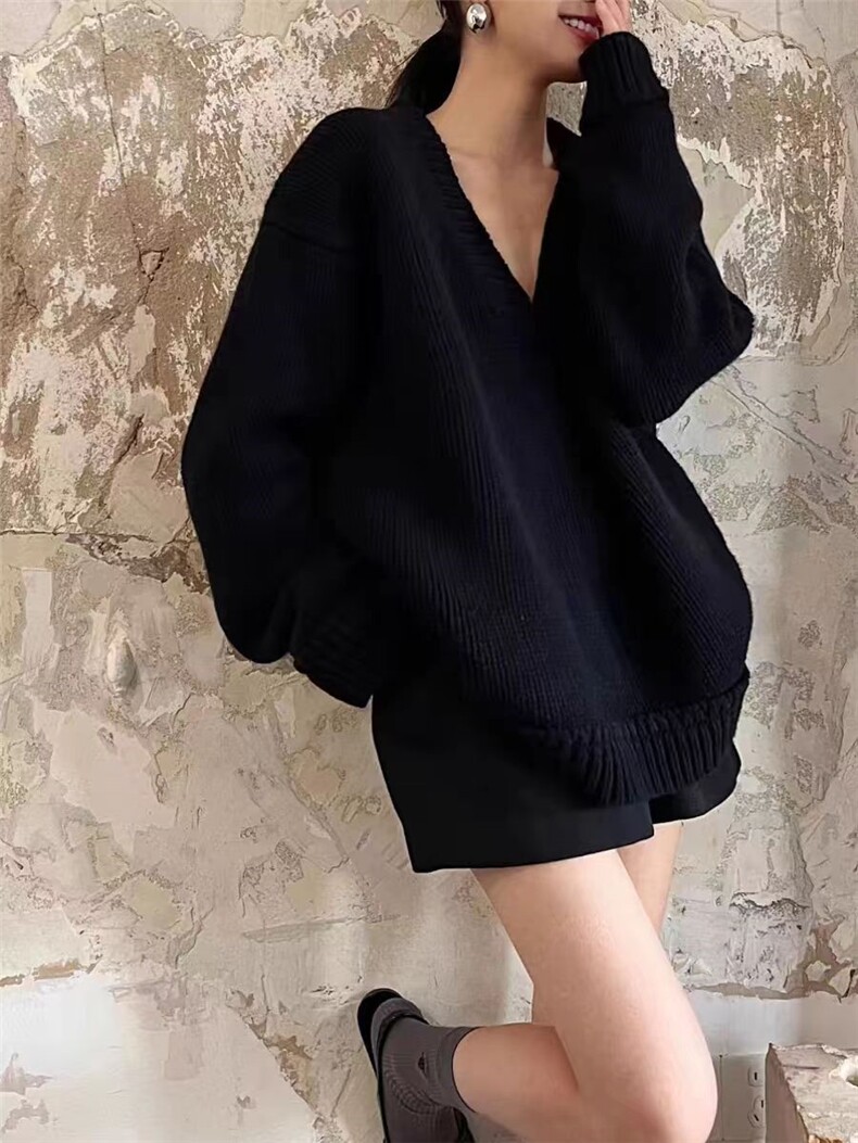 高端软糯廓形V领衫女打底羊毛针织衫慵懒宽松加厚毛衣,女装羊毛衫,恒恩羊绒