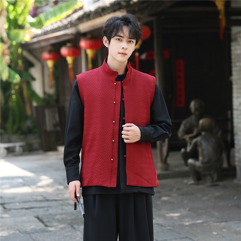 新中式复古几何提花铜扣马甲风立领无袖唐装夹克背心MJ06，男装背心/马甲，星座305A（原312A-1）
