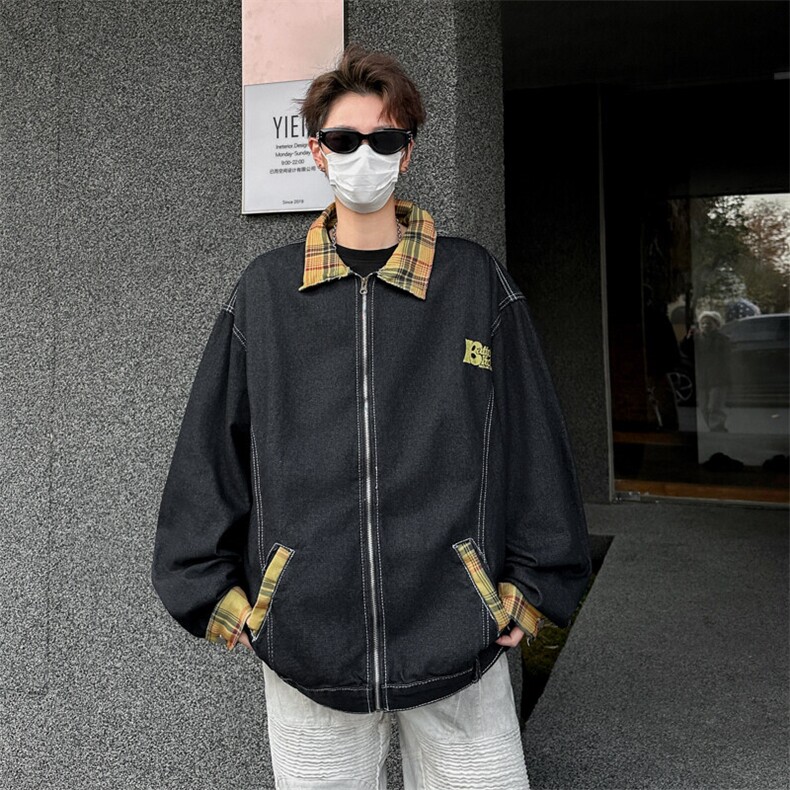 潮牌格子撞色翻领牛仔外套男女同款春秋季情侣夹克上衣JK03365,男装夹克,星座308B-1