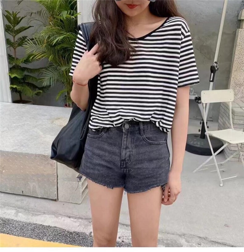 夏季新款复古印花短T棉麻条纹T，女装，12PJL