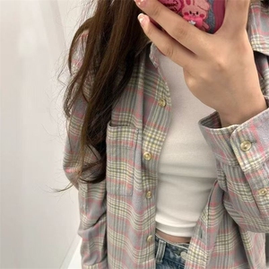 美拉德复古格子撞色长袖衬衫女2025棉早春新款设计感小众宽松外套图片
