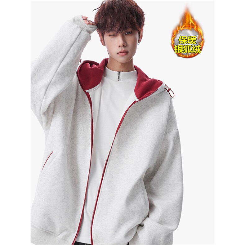 保暖银狐绒380g重磅华棉撞色连帽开衫卫衣外套男W24562J加绒特P45，男装棉衣，电商A001-1
