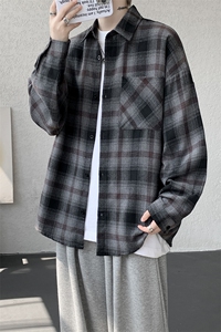 衬衫男春季新款港风宽松大码磨毛格子长袖衬衣CS6639-P35图片