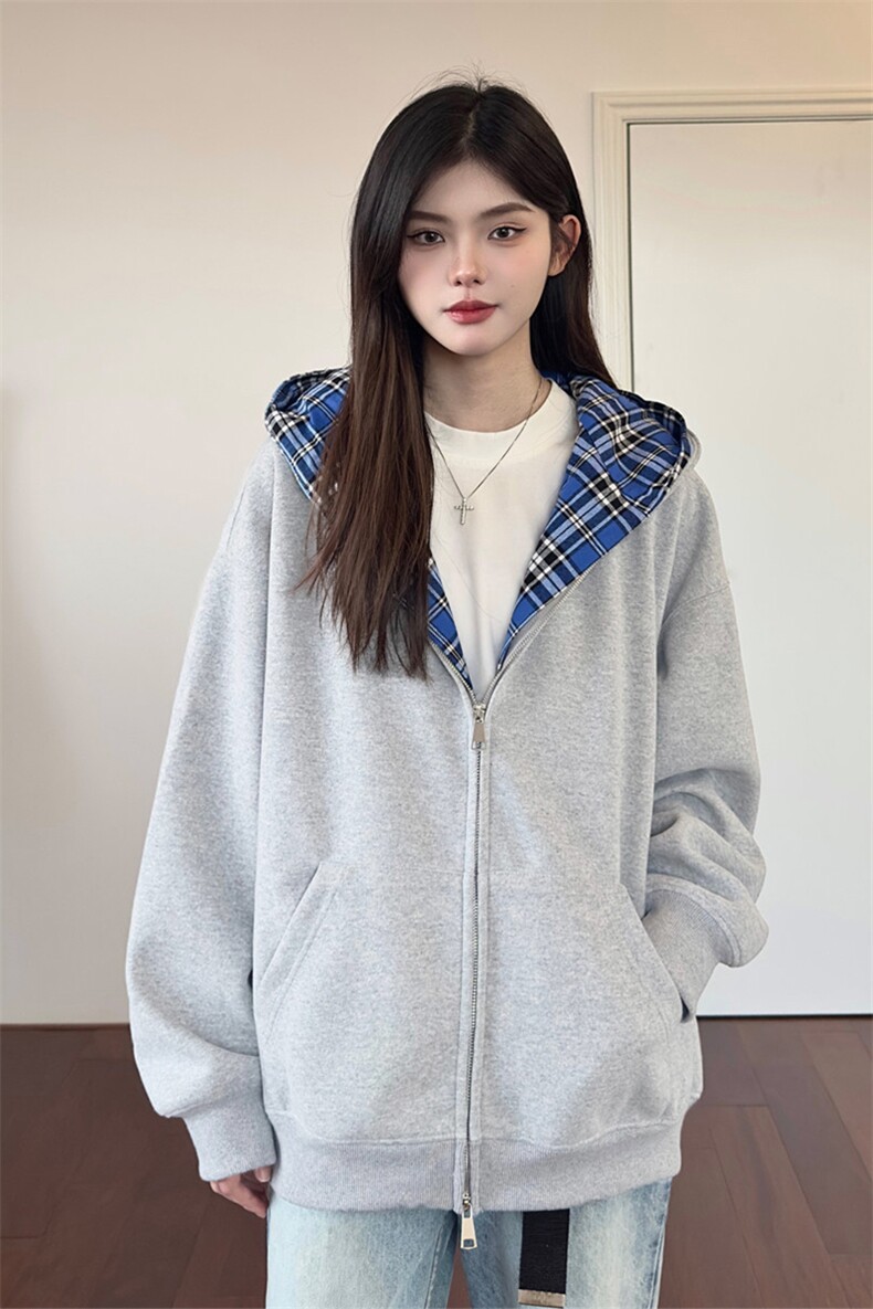 春季高品质新款卫衣格子拼接韩系宽松开衫外套C61306-TP4589,女装短外套,电商A102