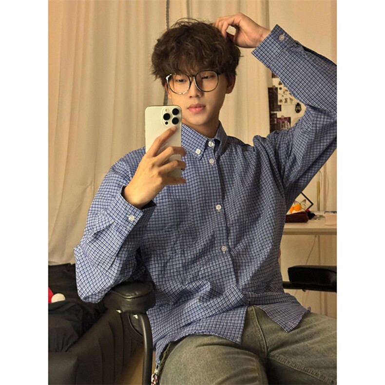 高级蓝色格子衬衫男秋美式慵懒风翻领长袖衬衣休闲宽松上衣C14p35,男装衬衫,电商D315