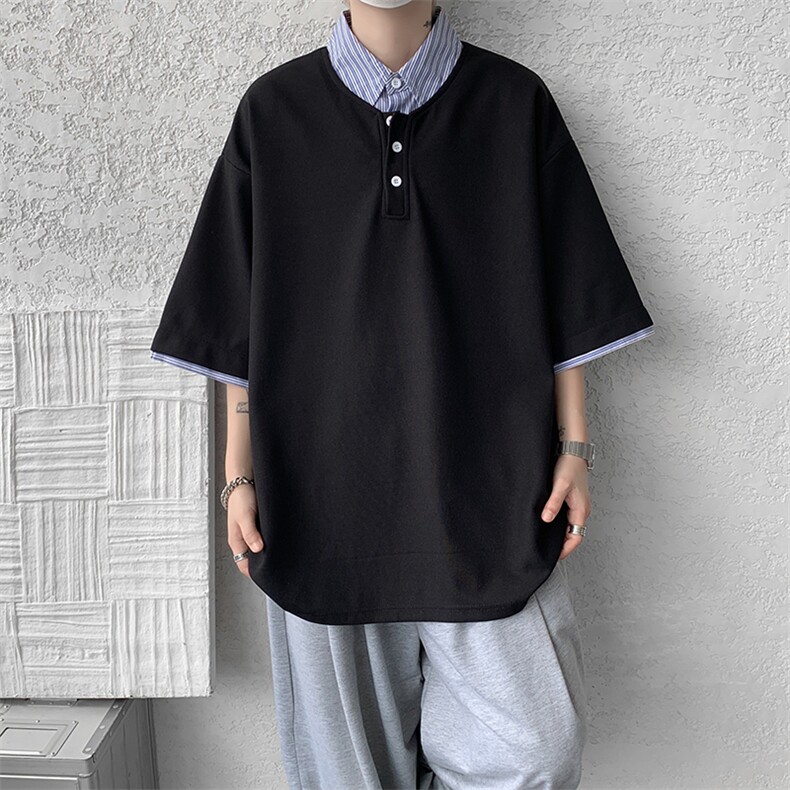8XL-M假两件衬衫领短袖T恤大码夏季条纹拼接polo衫半袖DX1211/P45,男装T恤,电商B238