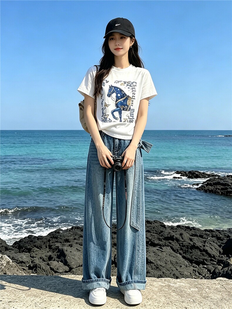 甜美时尚休闲套装女夏季新款圆领印花烫钻上衣设计牛仔长裤两件套,女装套装/套裙,江南