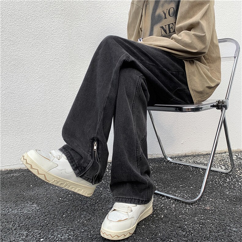 美式高街牛仔裤男vibe设计感拉链微喇宽松直筒长裤KN60P60,男装牛仔裤,电商D325