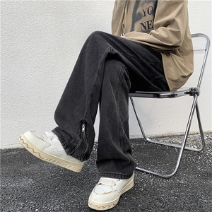 美式高街牛仔裤男vibe设计感拉链微喇宽松直筒长裤KN60 P60图片
