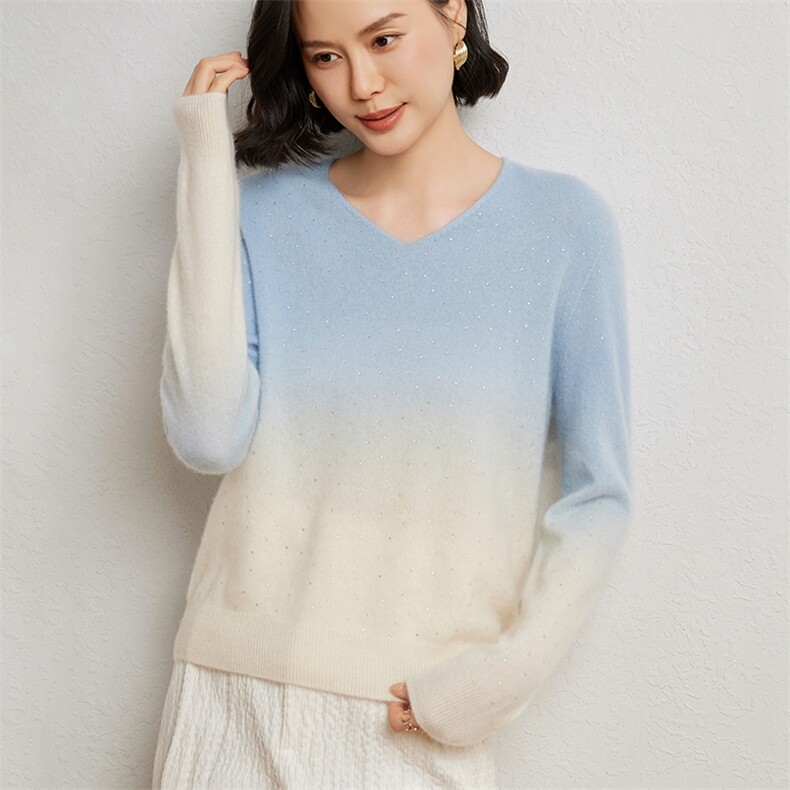 时尚优雅女士渐变色V领衫10%加烫钻设计显瘦百搭款,女装羊绒衫,臻维羊绒