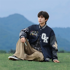 JK5872-P85美式拼接刺绣皮质撞色棒球服飞行员夹克外套控149，男装夹克，星座109