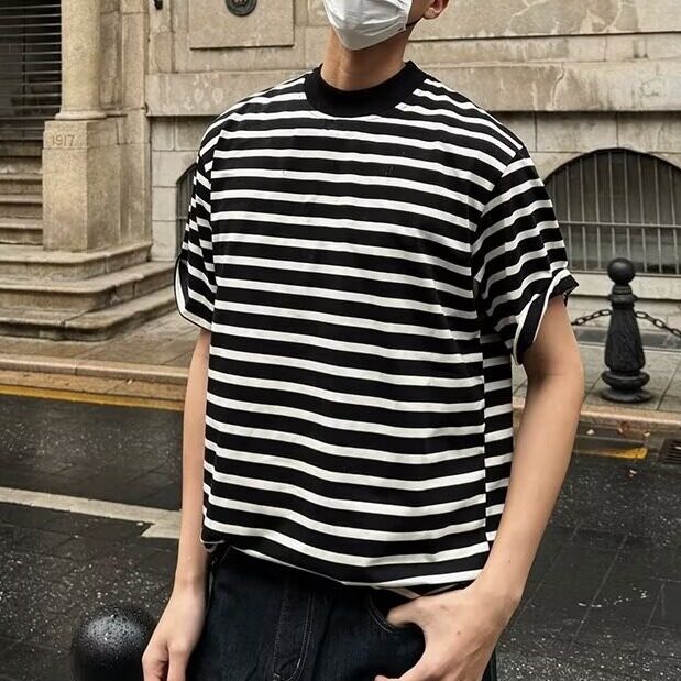 【现货】DA145-P40黑白条纹短袖T恤男重磅潮牌美式复古5五分袖夏,男装T恤,星座603-2