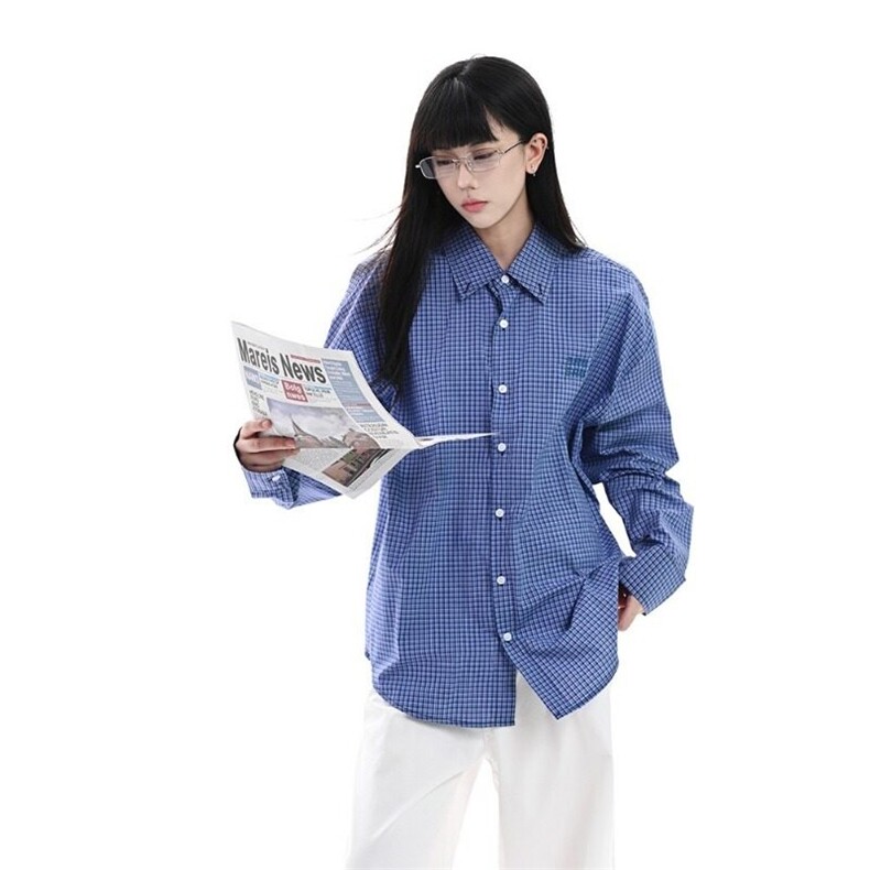 网络图美式夏季薄款刺绣长袖衬衫男士高级氛围感防晒格子外套男,男装衬衫,星座715-4