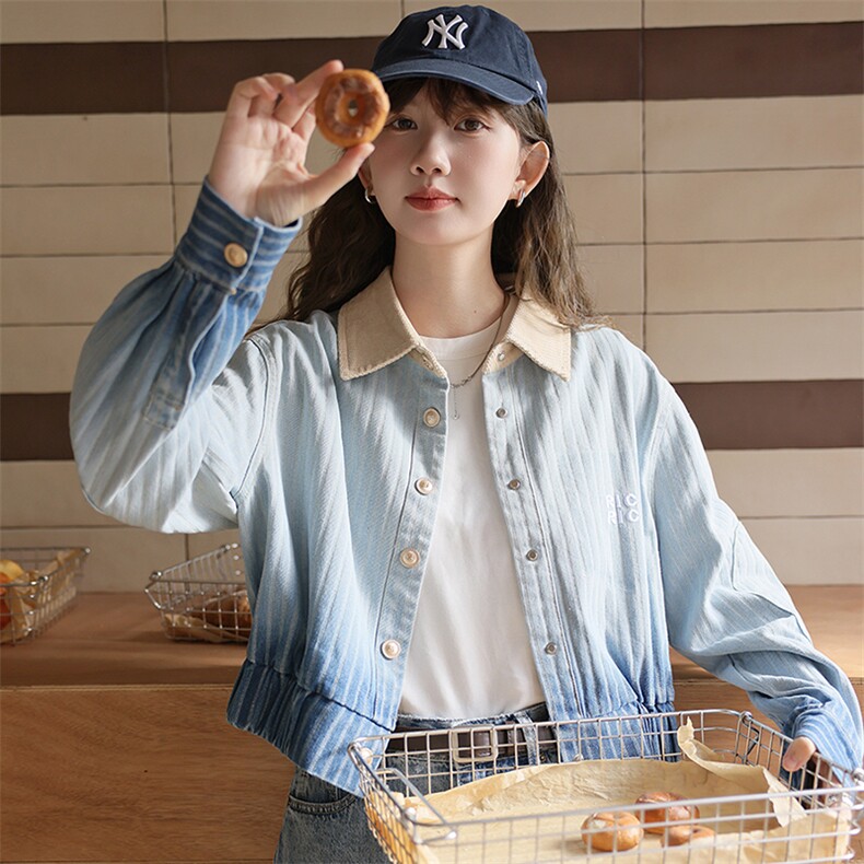 现货可推2024秋装新款水洗渐变复古休闲百搭条纹牛仔外套女，女装牛仔外套，苗苗