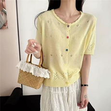 时尚镂空彩扣天丝+亚麻针织开衫短袖女夏季圆领拼色百搭T恤衫半袖，女装T恤，悦玛羊绒