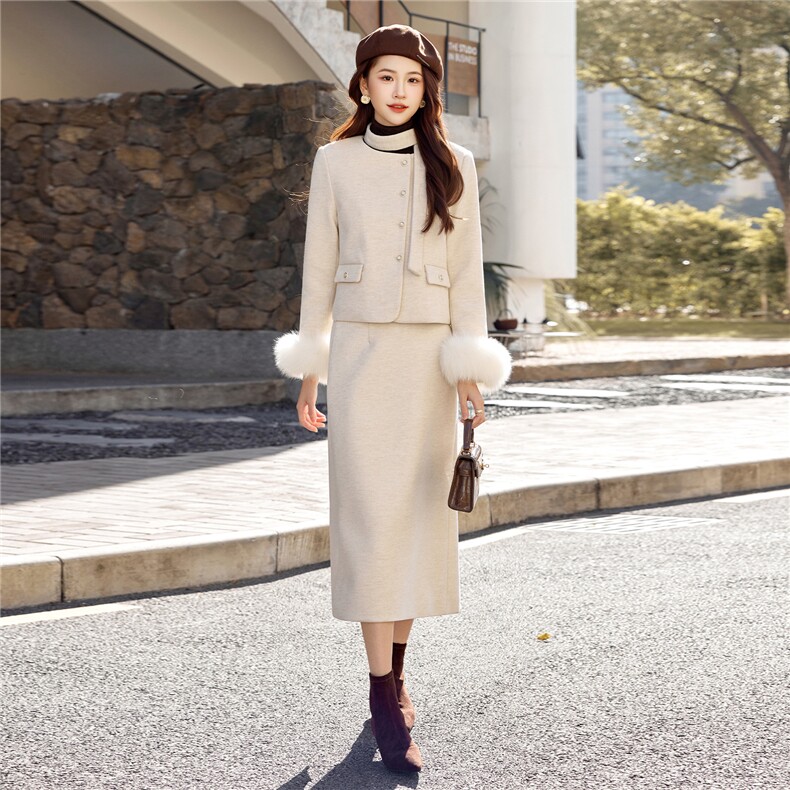 小香风羽绒服套装女冬季2025新款气质富家千金真狐狸毛毛呢套装裙,女装套装/套裙,艾贝斯
