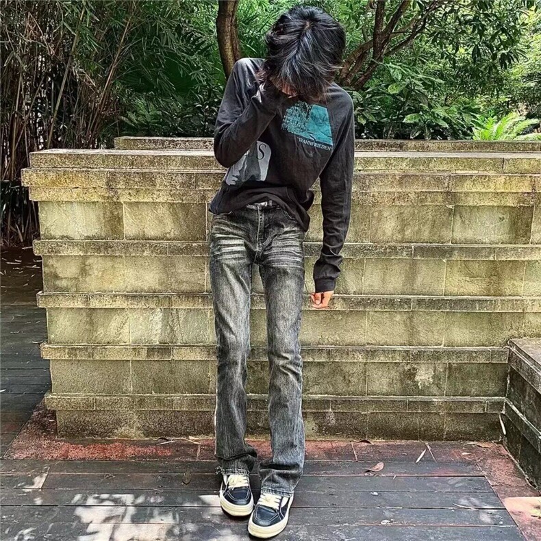 美式潮牌高街水洗黑灰色牛仔裤修身直筒复古微喇cleanfit,男装牛仔裤,星座218-1（原230）