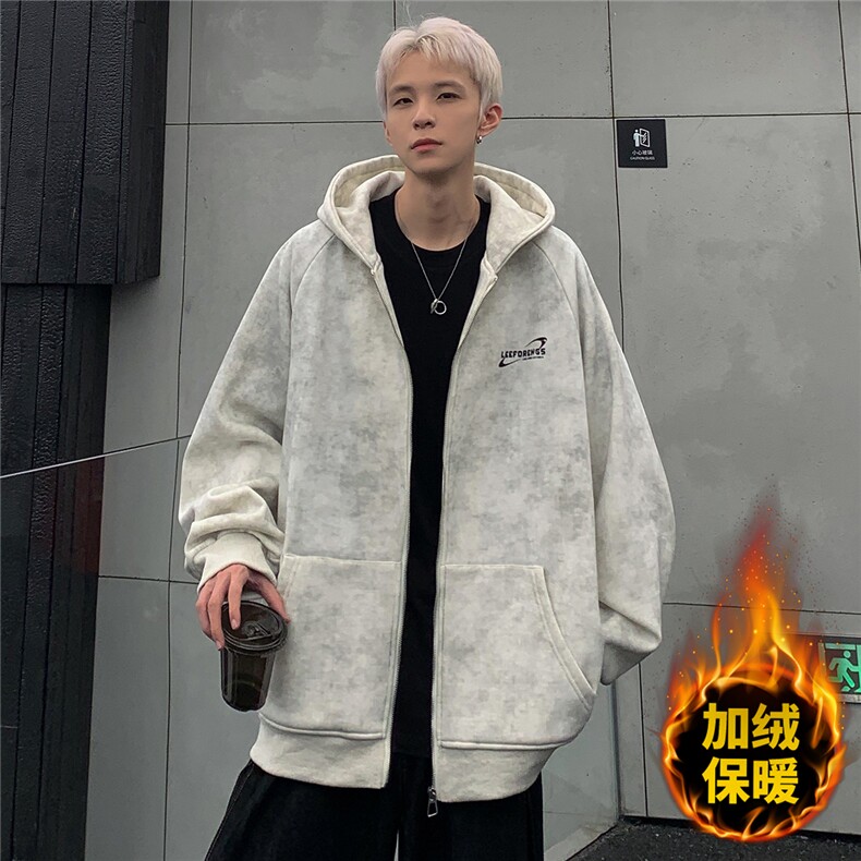 重磅脏脏卫衣加绒开衫男秋冬宽松休闲拉链针织外套连帽JK092-P80,男装卫衣,电商C307